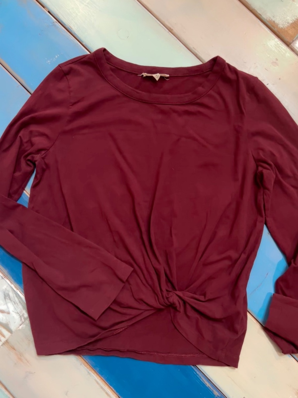 Madewell Burgundy Twist Front Long Sleeve Top Medium Knot Hem Tee